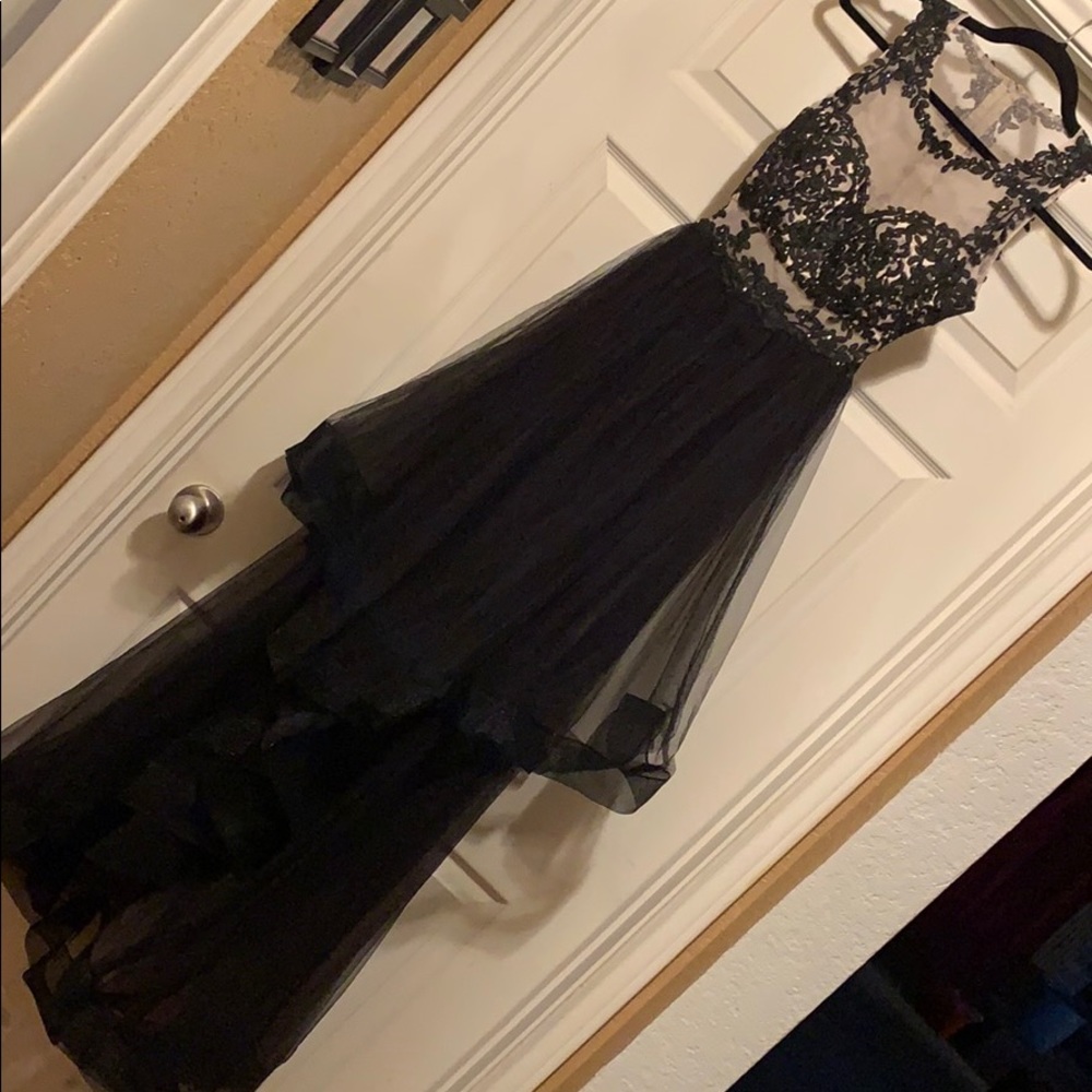 Beautiful black and nude hi low prom dress